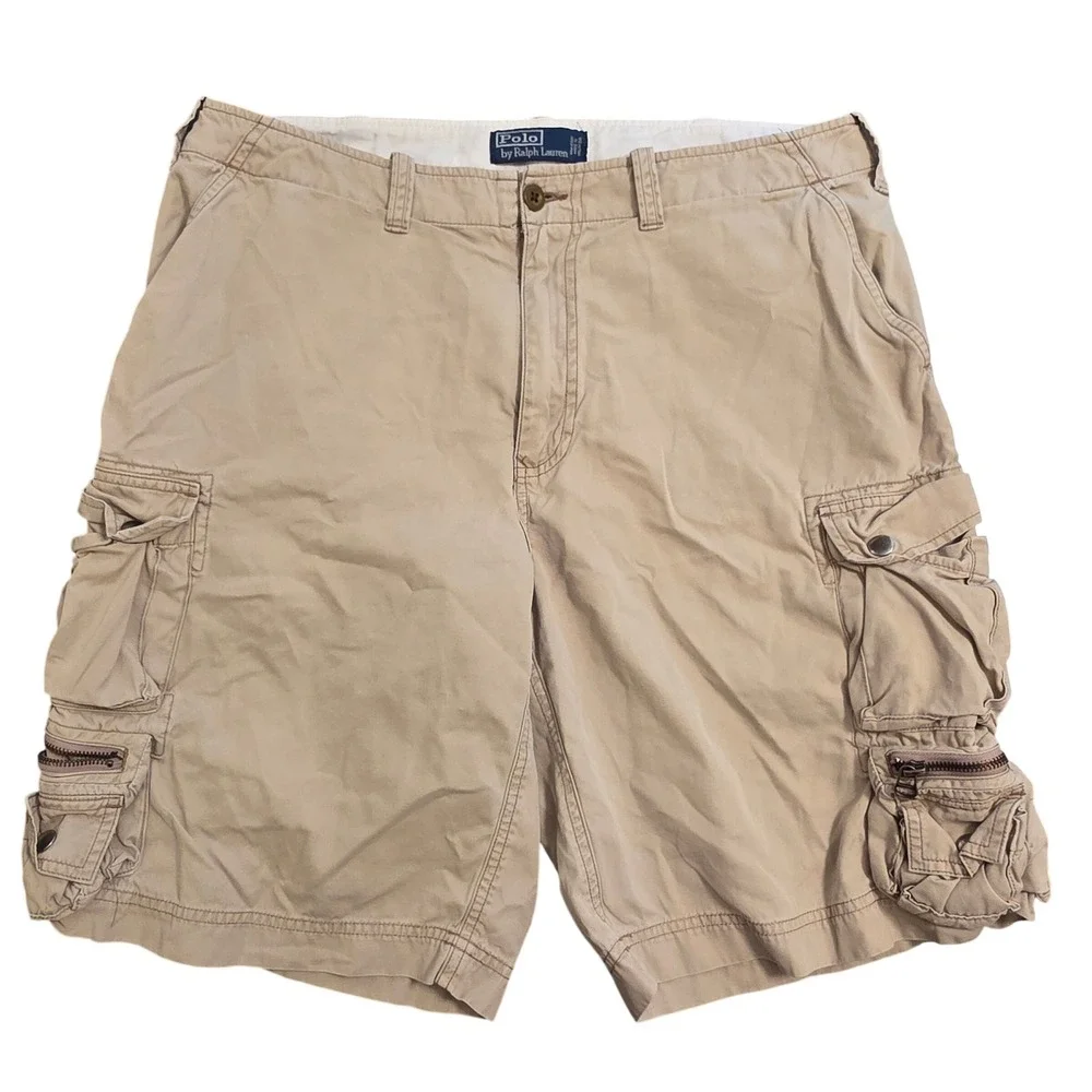 Vintage Polo Ralph Lauren‎ Mens Cargo Shorts Tan Khaki Cotton Multi Pocket 34